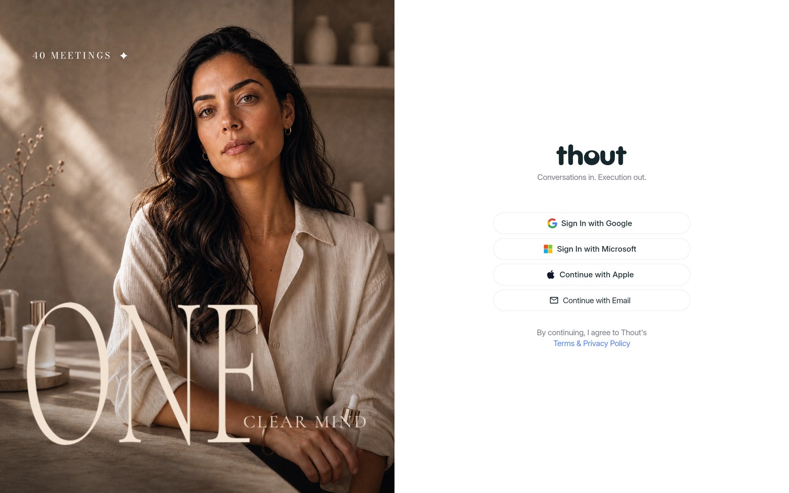 The Thout welcome screen with all four sign-in options