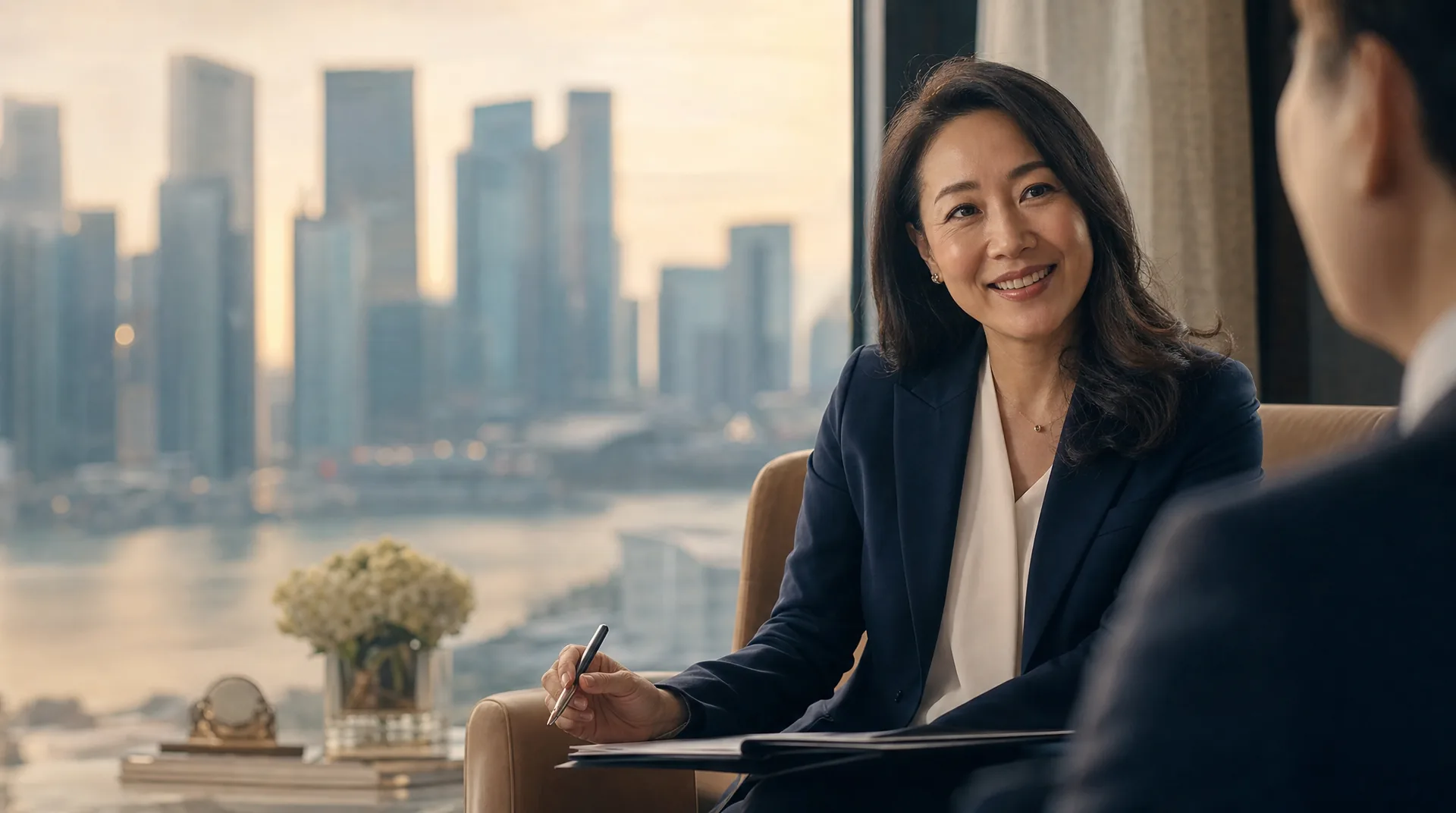 Relationship manager meeting a client in a private banking suite