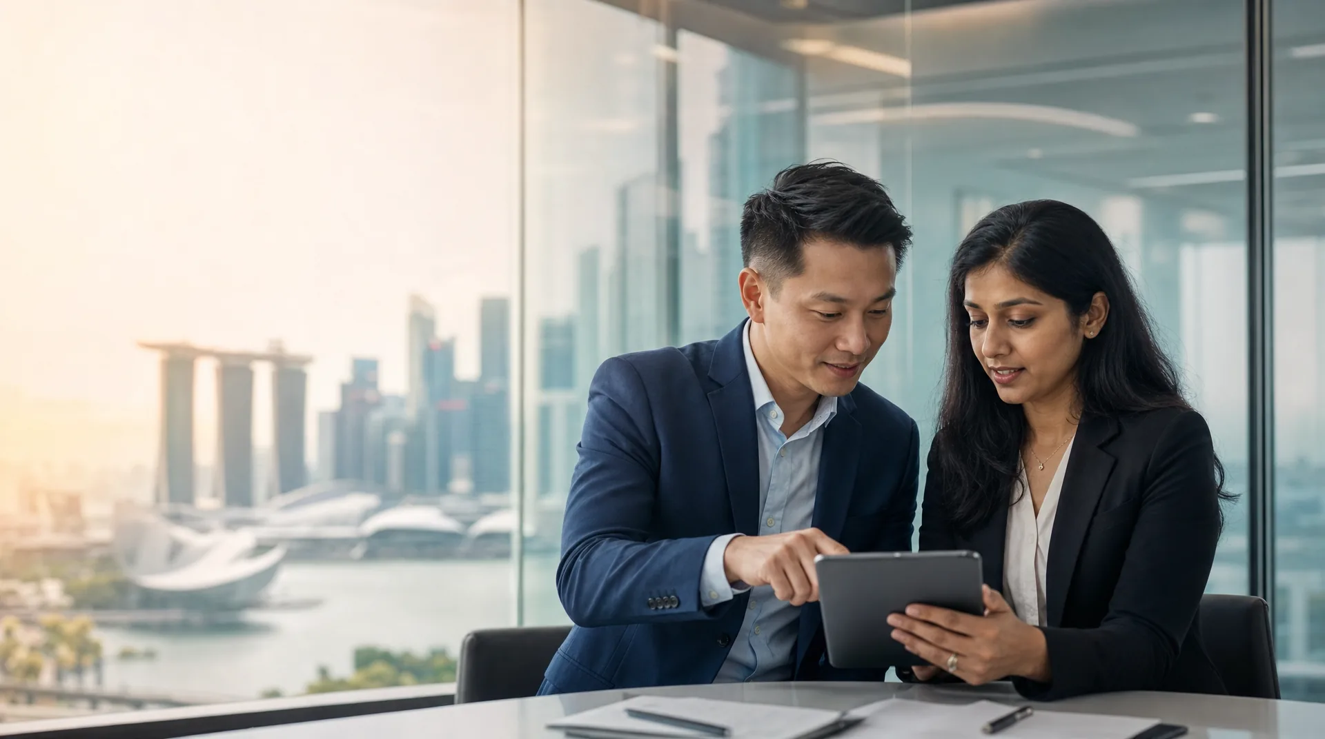 Two wealth professionals reviewing a client portfolio
