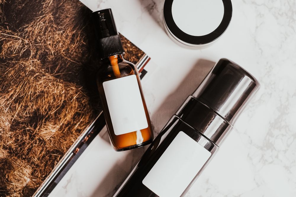 Skincare products laid out across a table