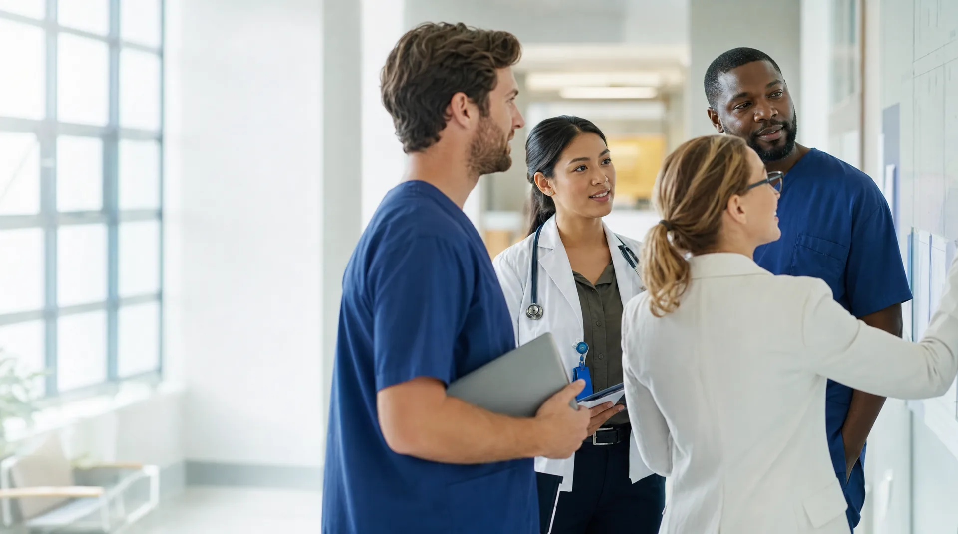 Multidisciplinary care team in a bright huddle