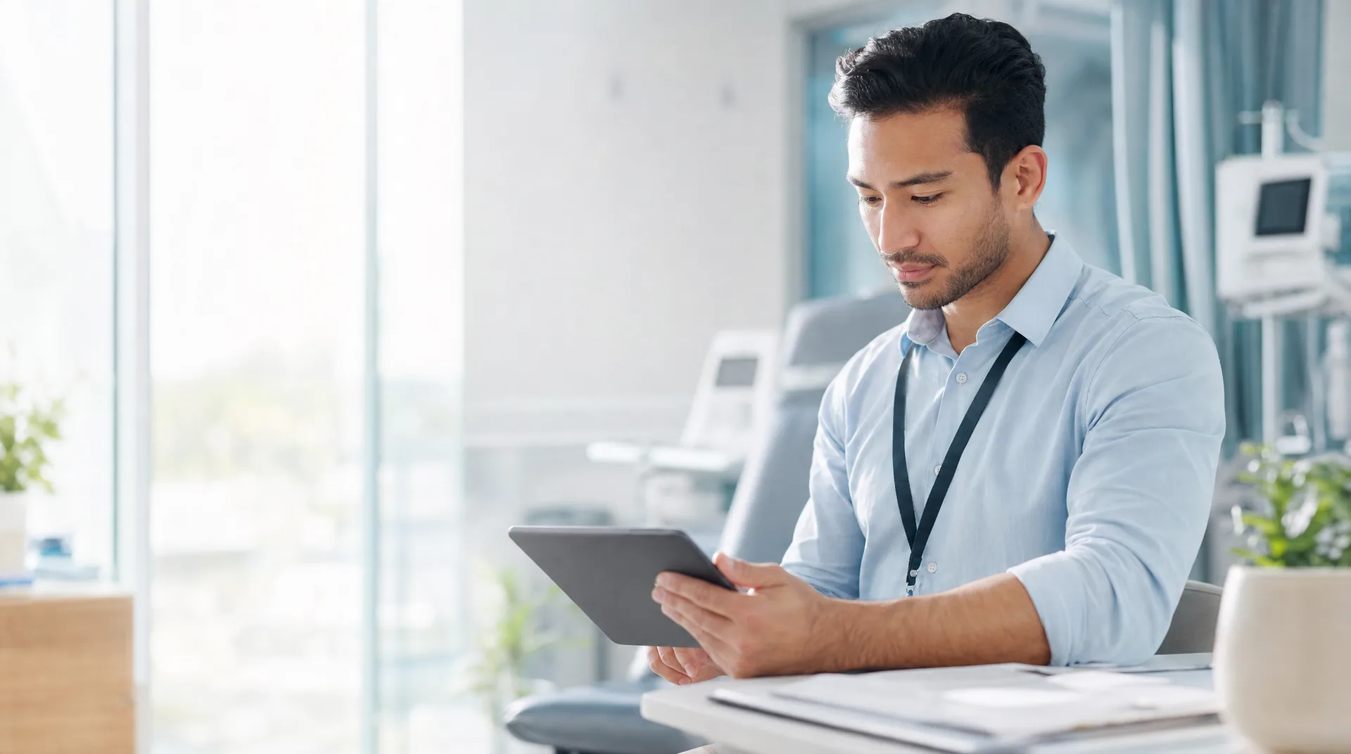 Care coordinator reviewing notes on a tablet